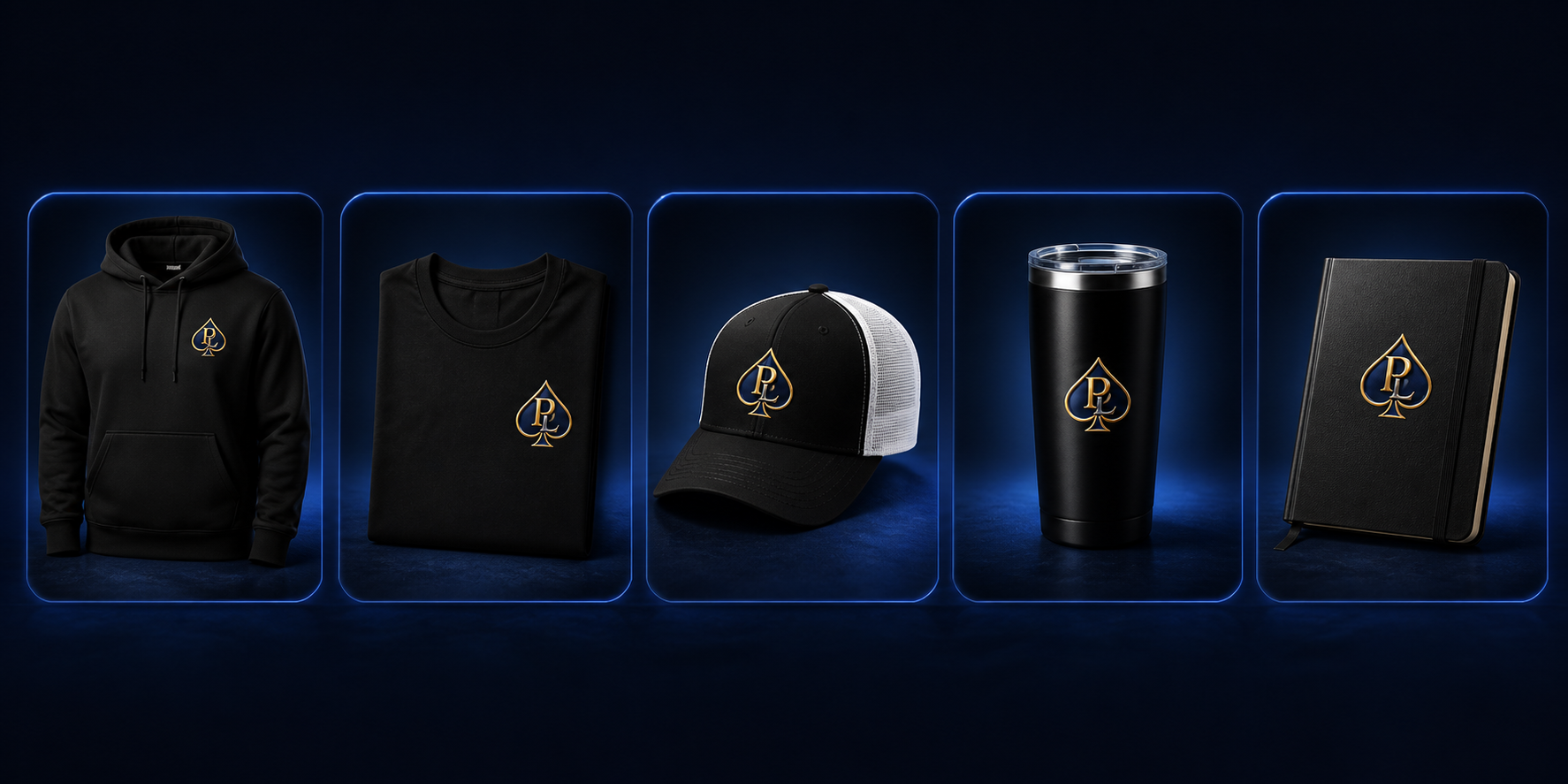 Poker Life branded hoodie, shirt, cap, tumbler, and notebook